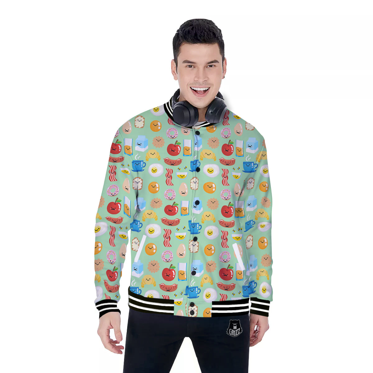 Breakfast Cartoon Print Pattern Baseball Jacket-grizzshop