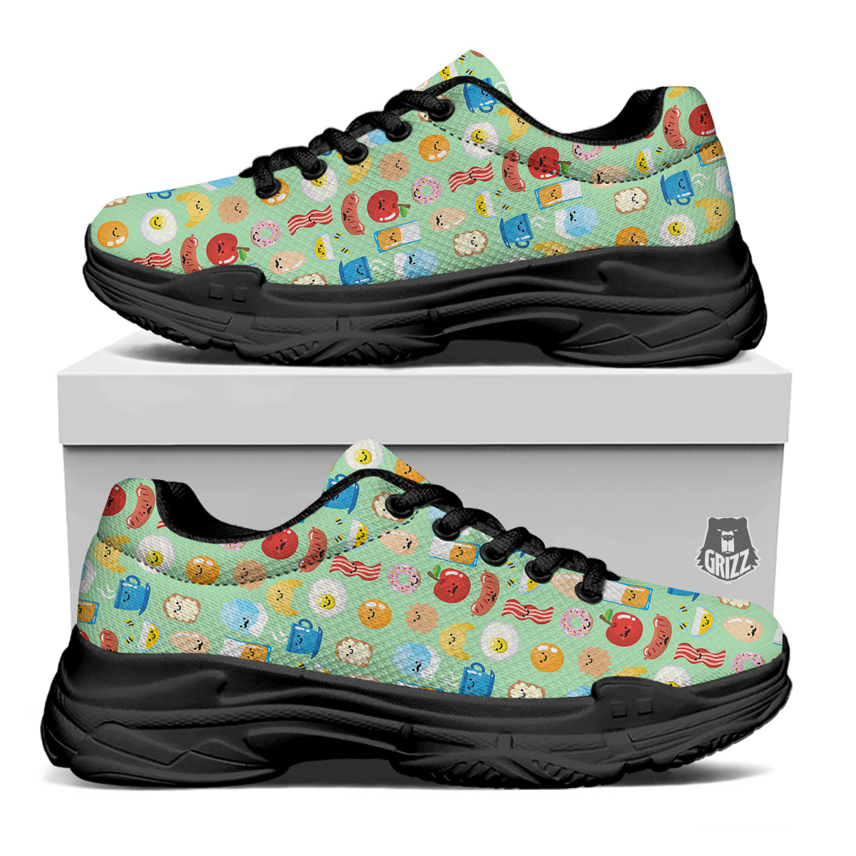 Breakfast Cartoon Print Pattern Black Chunky Shoes-grizzshop