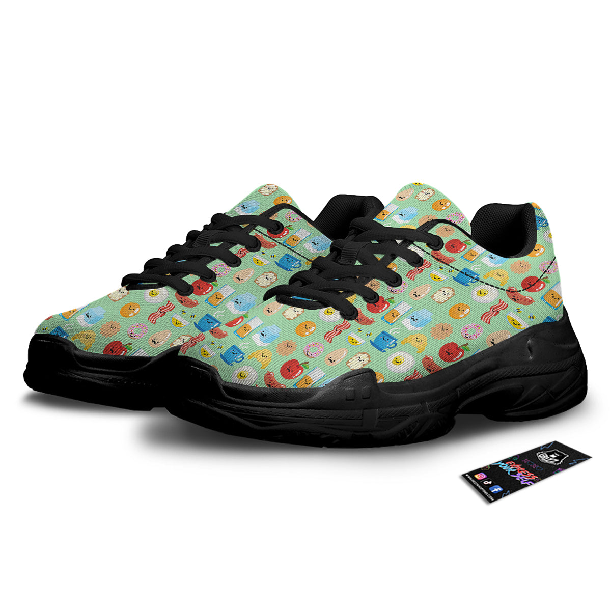 Breakfast Cartoon Print Pattern Black Chunky Shoes-grizzshop