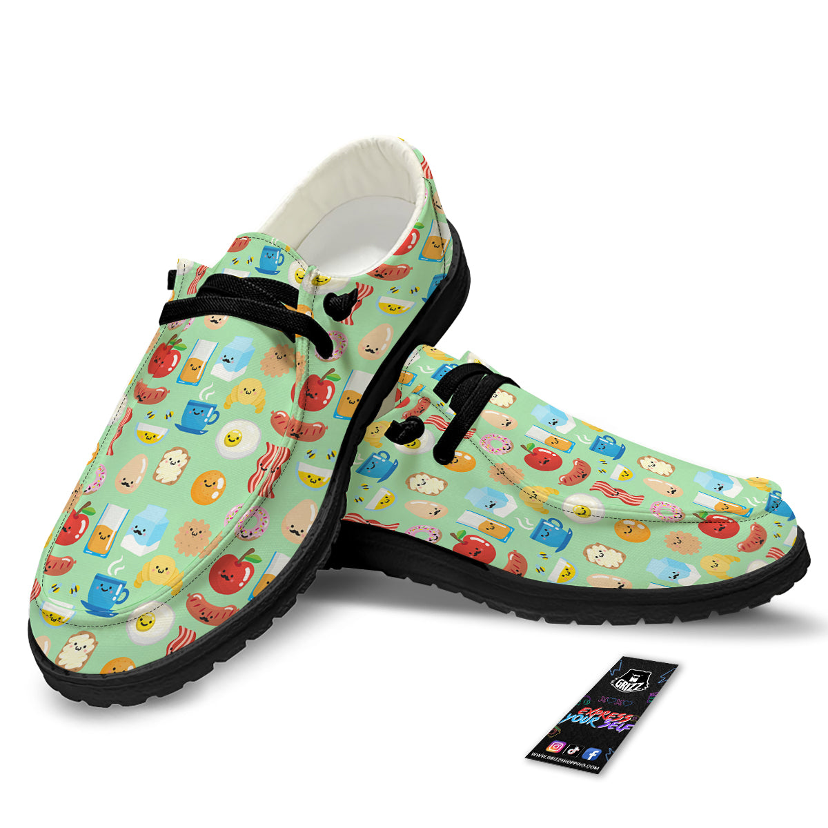 Breakfast Cartoon Print Pattern Black Loafers-grizzshop