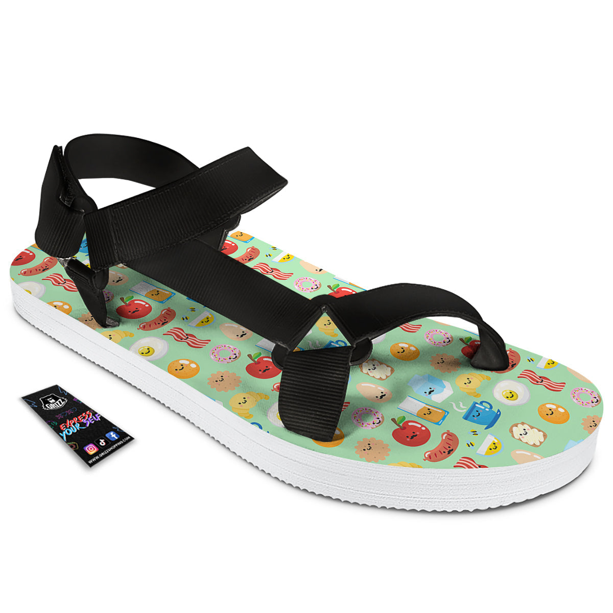 Breakfast Cartoon Print Pattern Black Open Toe Sandals-grizzshop