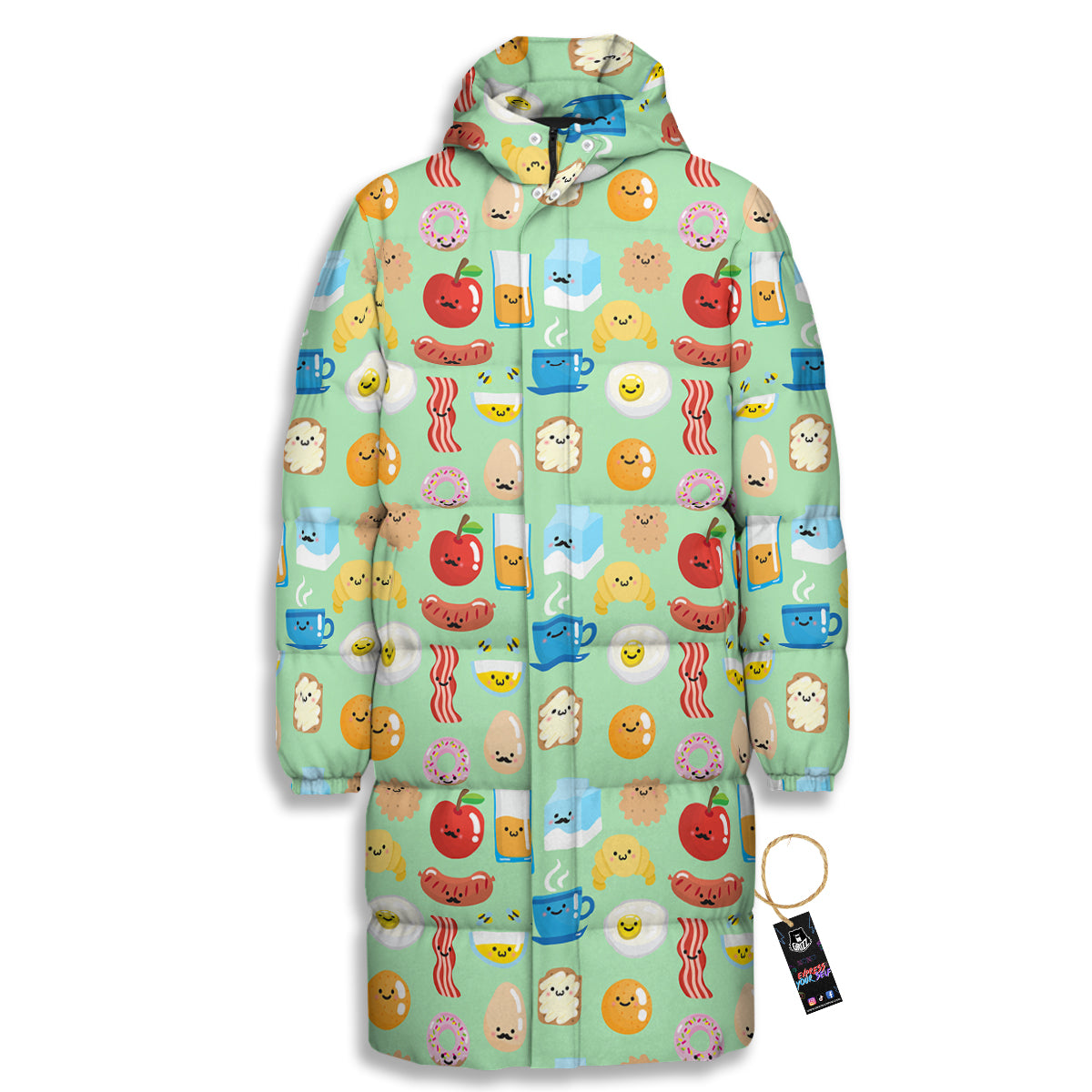 Breakfast Cartoon Print Pattern Long Down Jacket-grizzshop