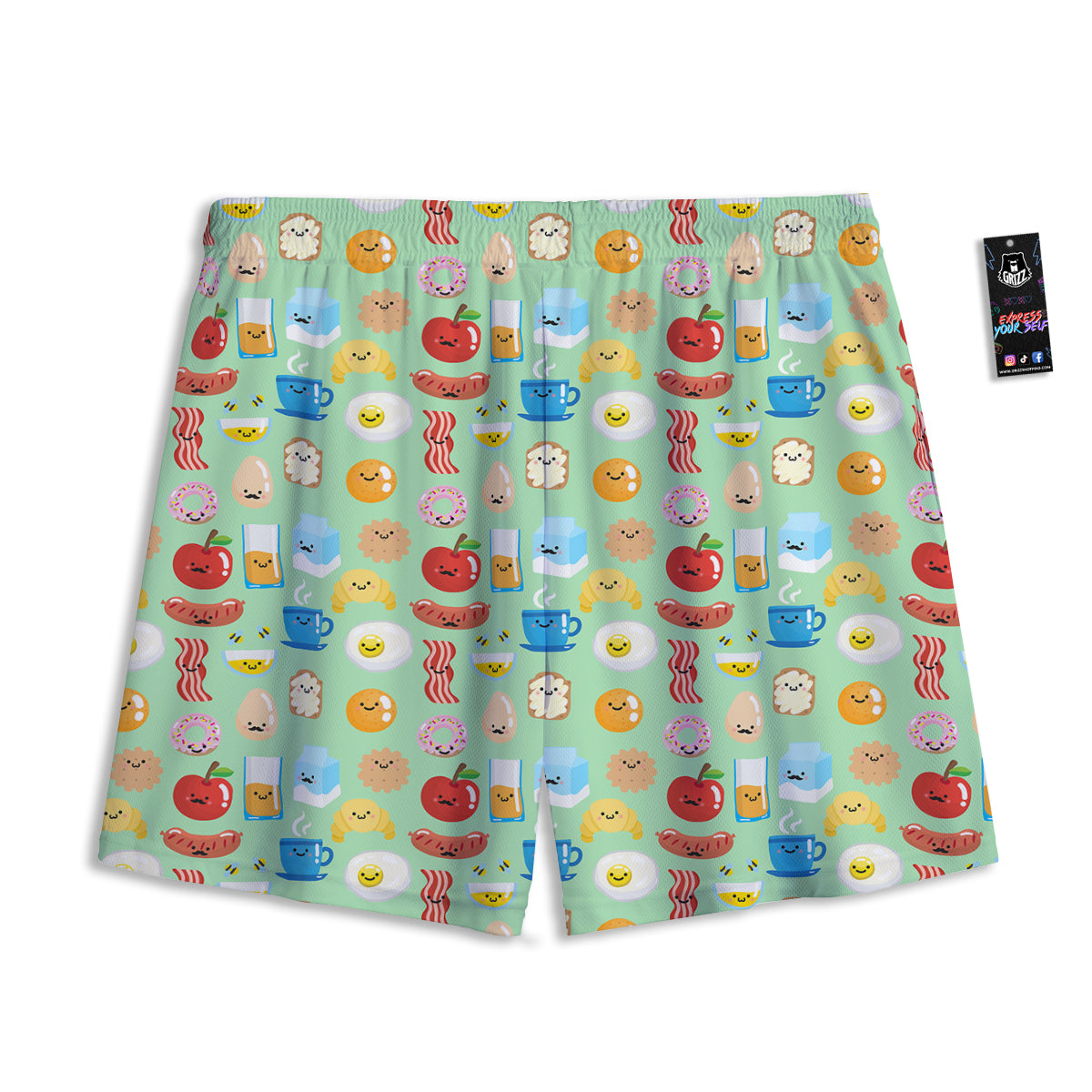 Breakfast Cartoon Print Pattern Mesh Shorts-grizzshop