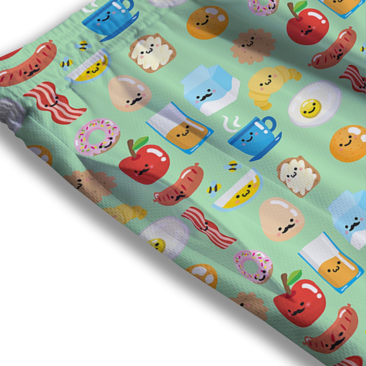 Breakfast Cartoon Print Pattern Mesh Shorts-grizzshop