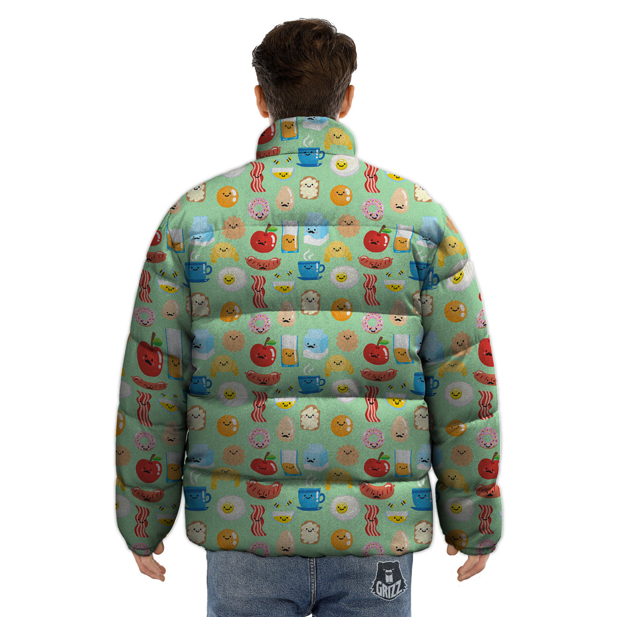 Breakfast Cartoon Print Pattern Puffer Jacket-grizzshop