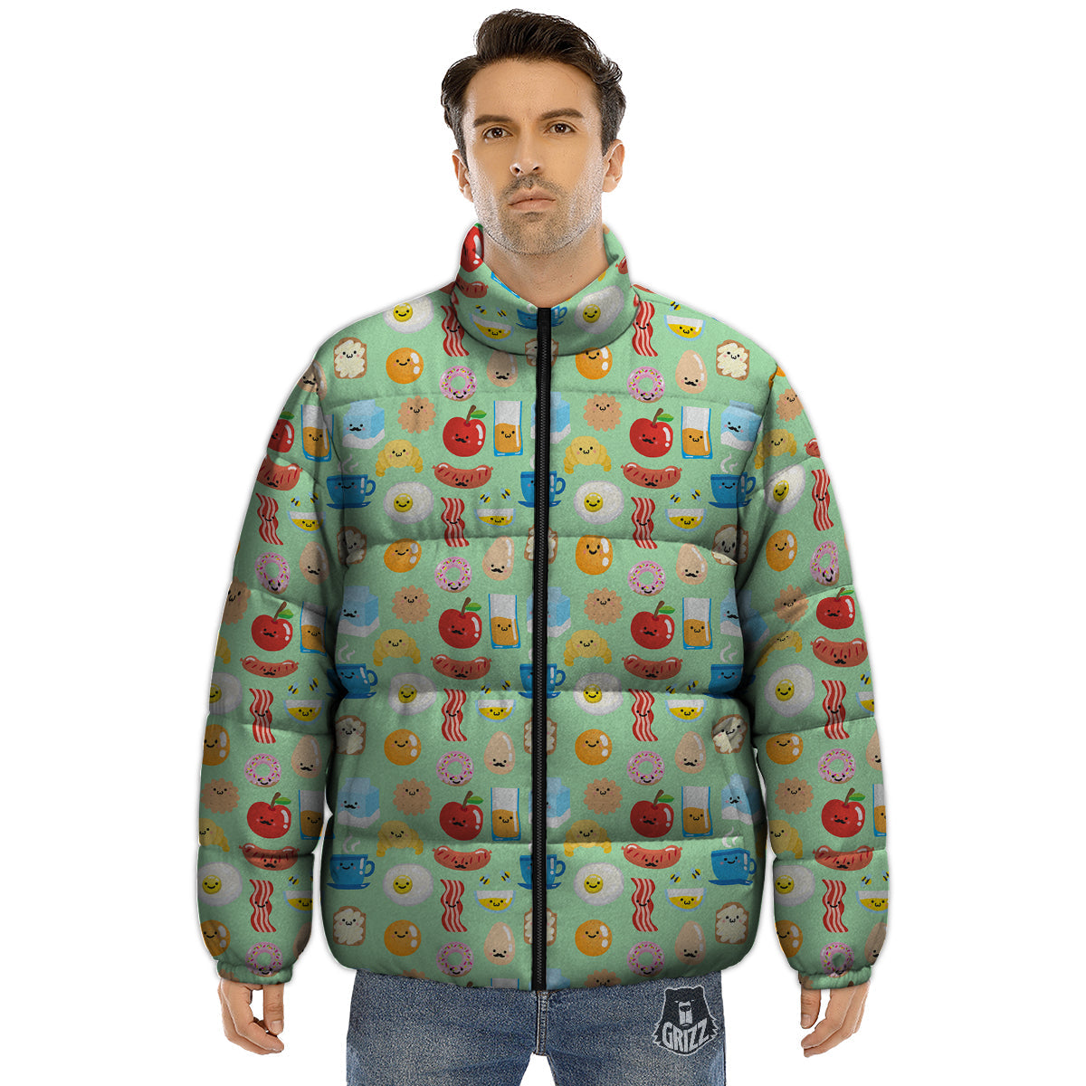 Breakfast Cartoon Print Pattern Puffer Jacket-grizzshop