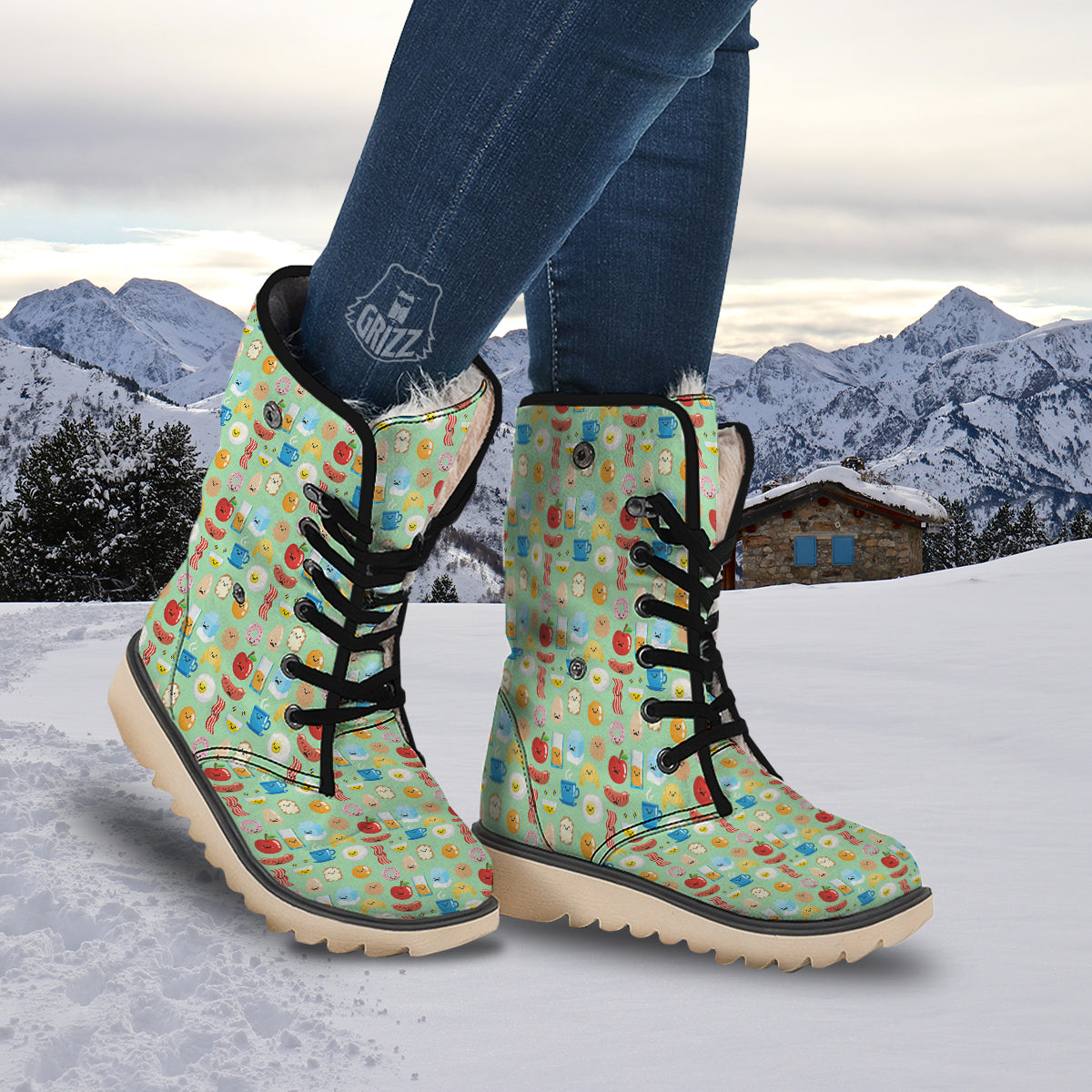 Breakfast Cartoon Print Pattern Snow Boots-grizzshop