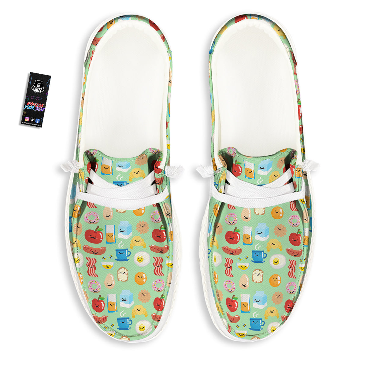 Breakfast Cartoon Print Pattern White Loafers-grizzshop