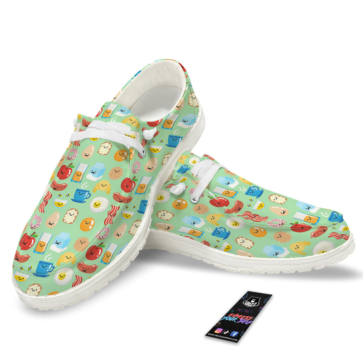 Breakfast Cartoon Print Pattern White Loafers-grizzshop