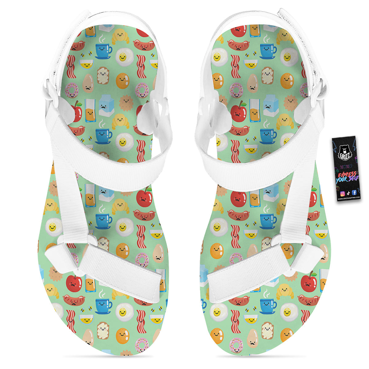 Breakfast Cartoon Print Pattern White Open Toe Sandals-grizzshop