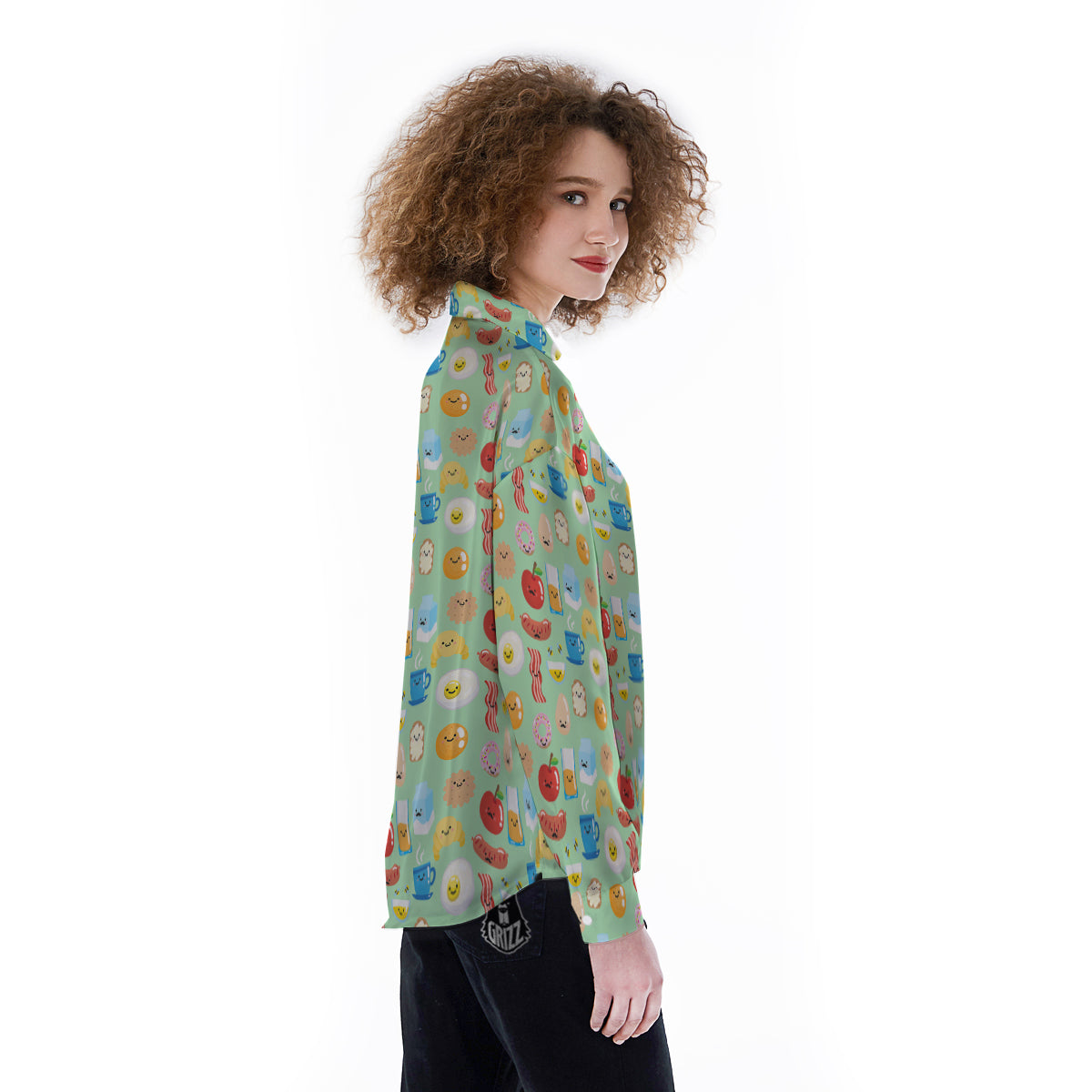 Breakfast Cartoon Print Pattern Women's Long Sleeve Shirts-grizzshop