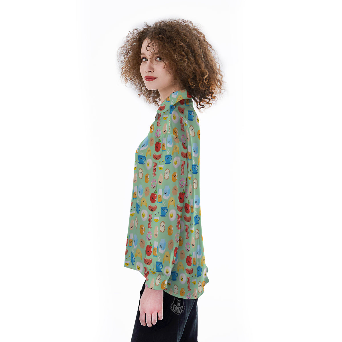 Breakfast Cartoon Print Pattern Women's Long Sleeve Shirts-grizzshop