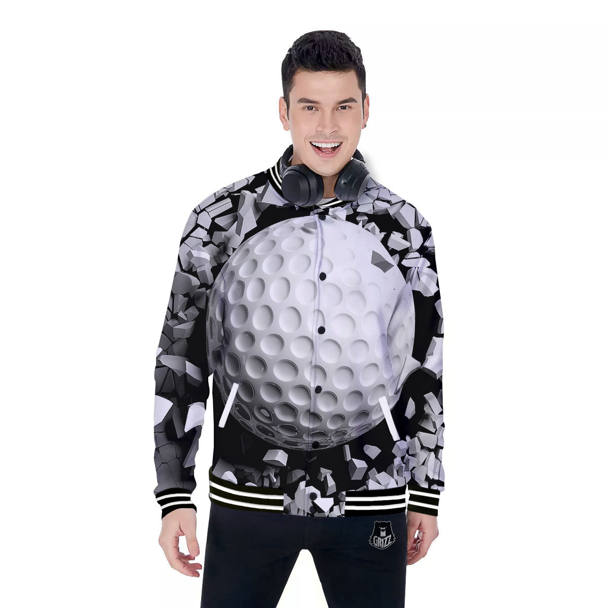 Breaking Wall Golf Ball Print Baseball Jacket-grizzshop