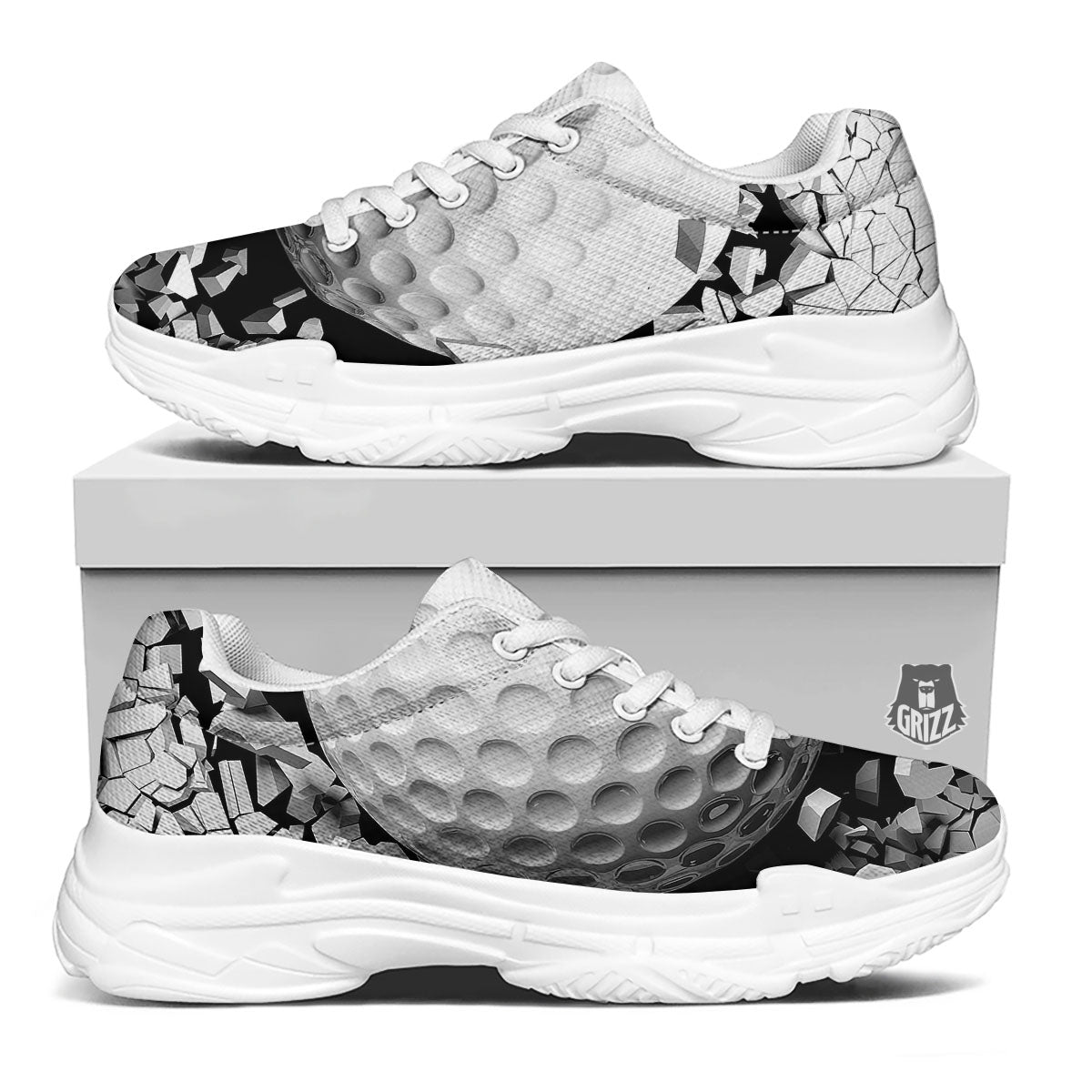 Breaking Wall Golf Ball Print White Chunky Shoes-grizzshop