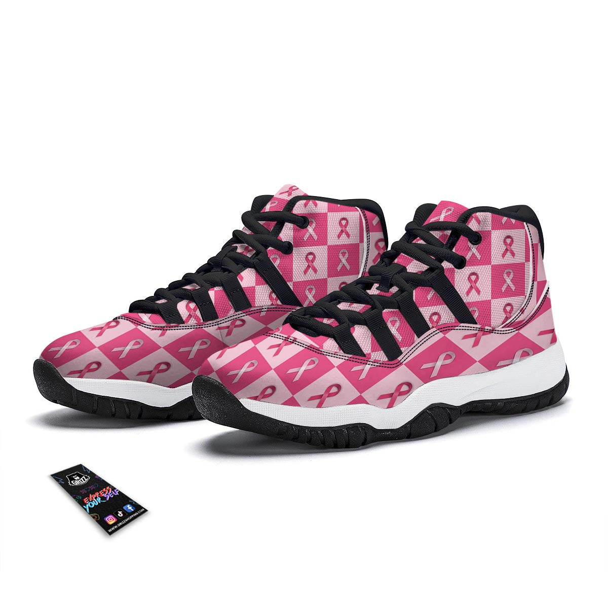 Breast Cancer Awareness Pink Ribbon Pattern Print Black Bball Shoes-grizzshop
