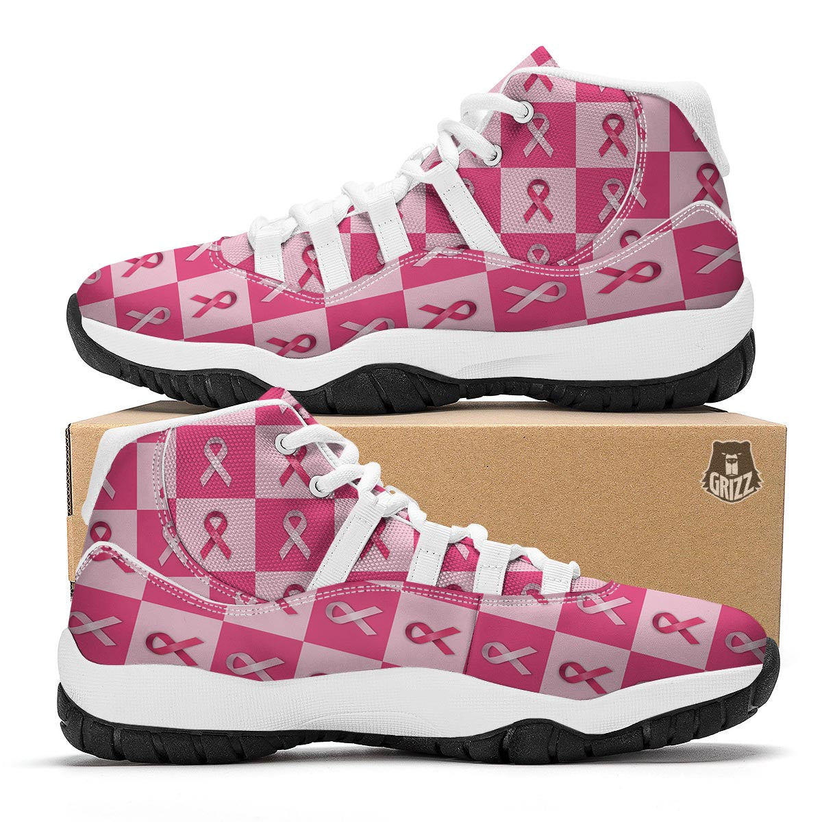Breast Cancer Awareness Pink Ribbon Pattern Print White Bball Shoes-grizzshop