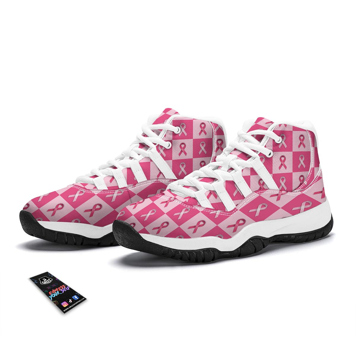 Breast Cancer Awareness Pink Ribbon Pattern Print White Bball Shoes-grizzshop