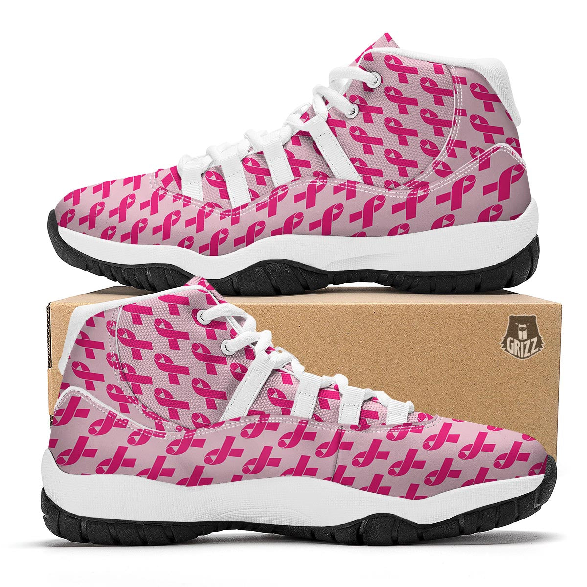 Breast Cancer Awareness Pink Ribbon Print Pattern White Bball Shoes-grizzshop