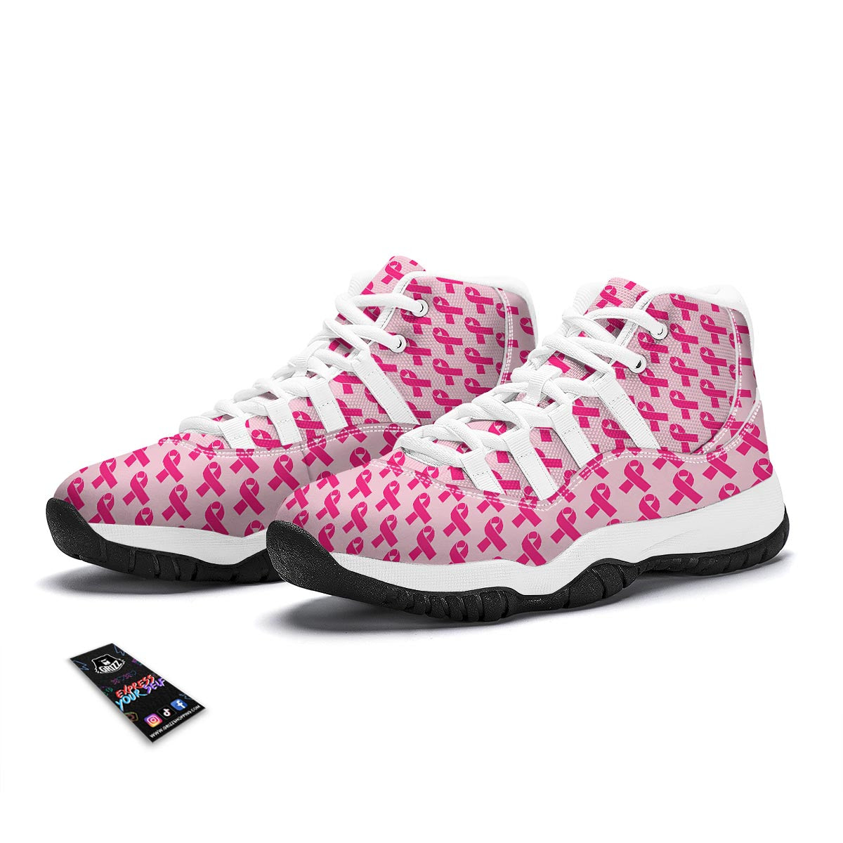 Breast Cancer Awareness Pink Ribbon Print Pattern White Bball Shoes-grizzshop
