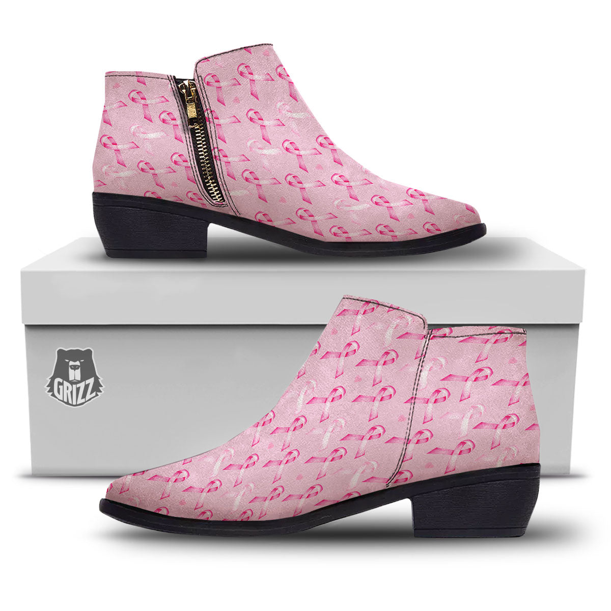 Breast Cancer Awareness Print Pattern Ankle Boots-grizzshop