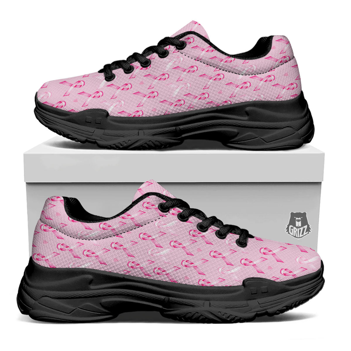 Breast Cancer Awareness Print Pattern Black Chunky Shoes-grizzshop