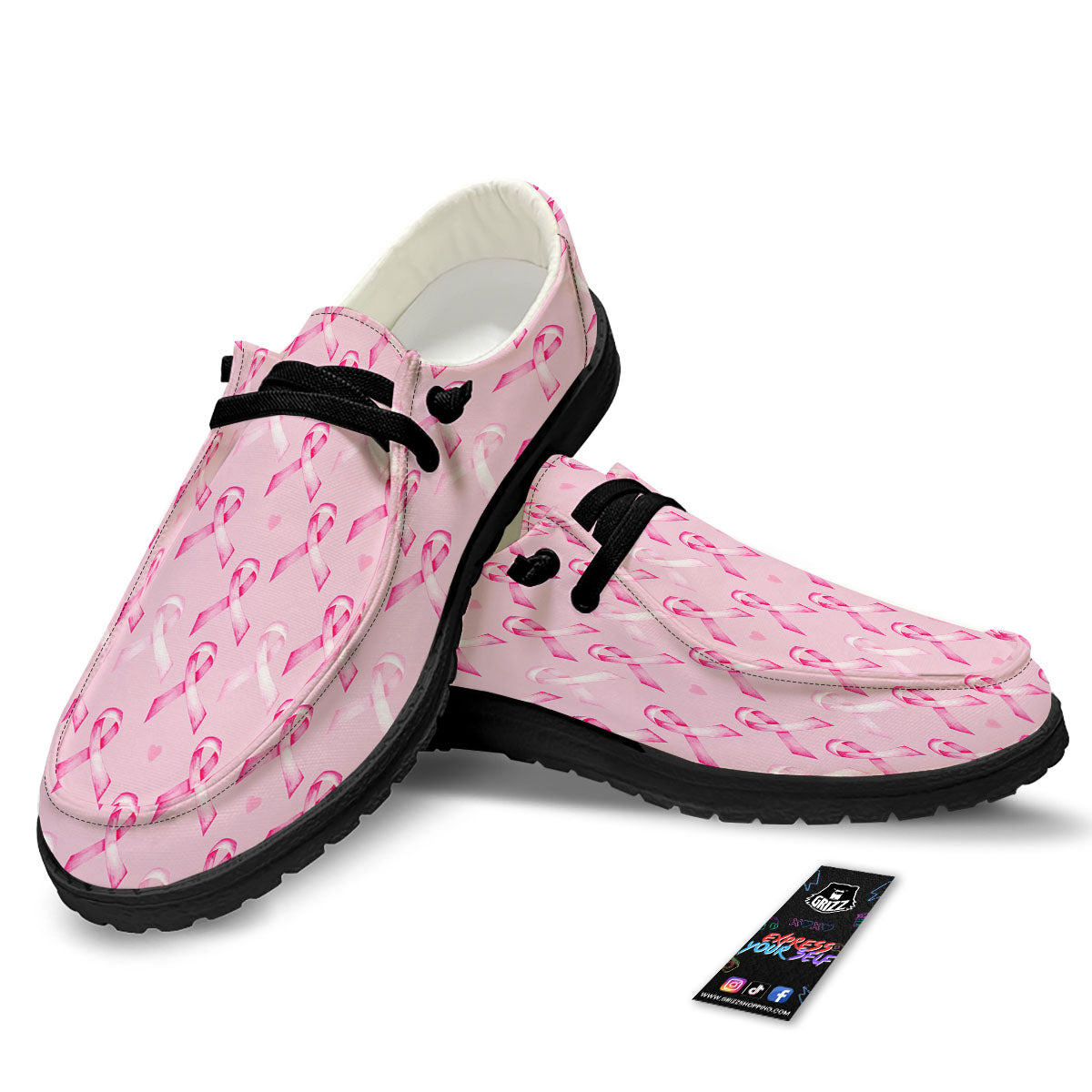 Breast Cancer Awareness Print Pattern Black Loafers-grizzshop