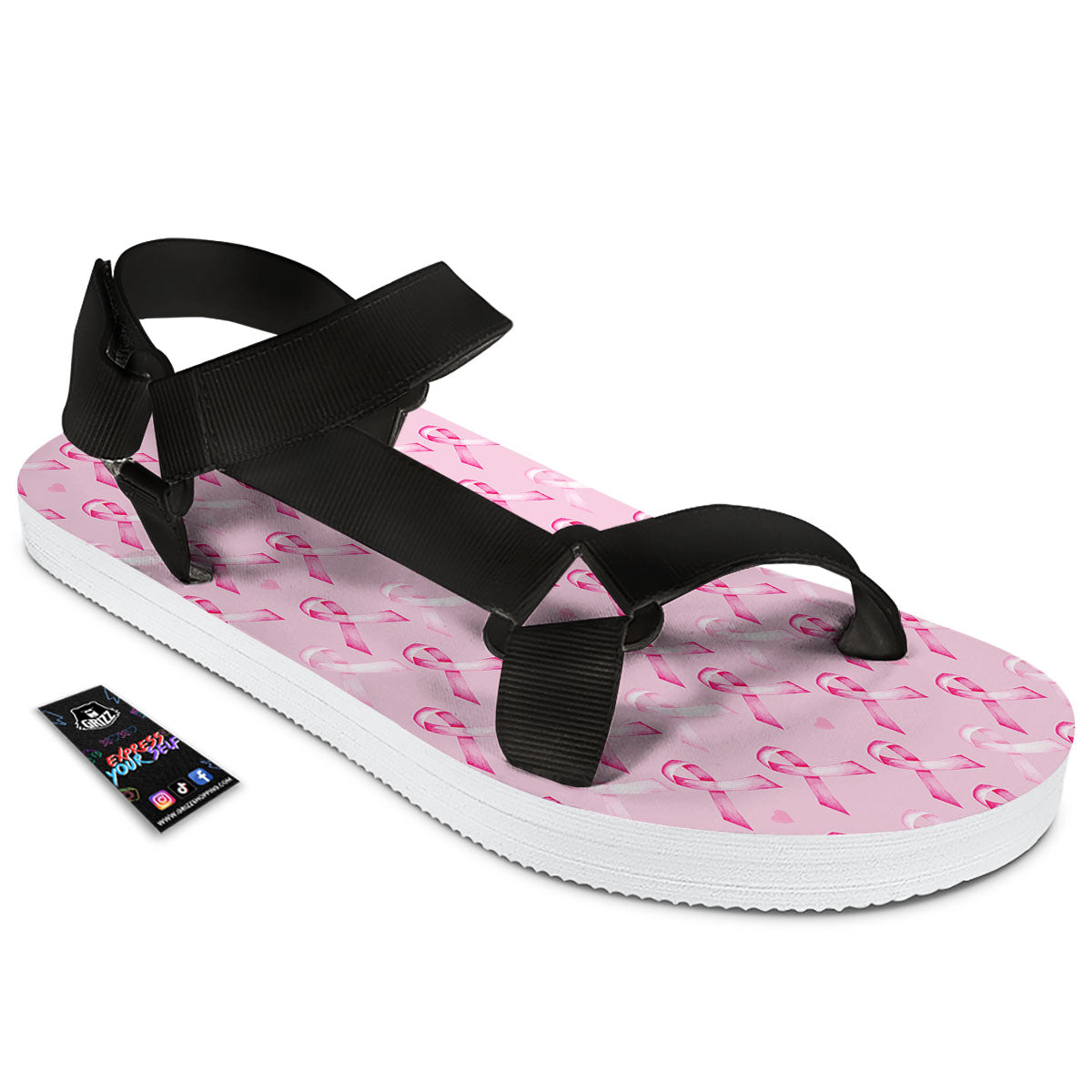 Breast Cancer Awareness Print Pattern Black Open Toe Sandals-grizzshop