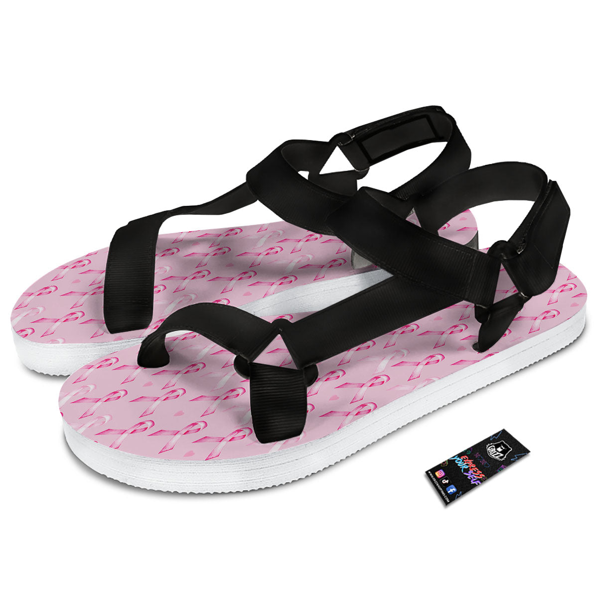 Breast Cancer Awareness Print Pattern Black Open Toe Sandals-grizzshop