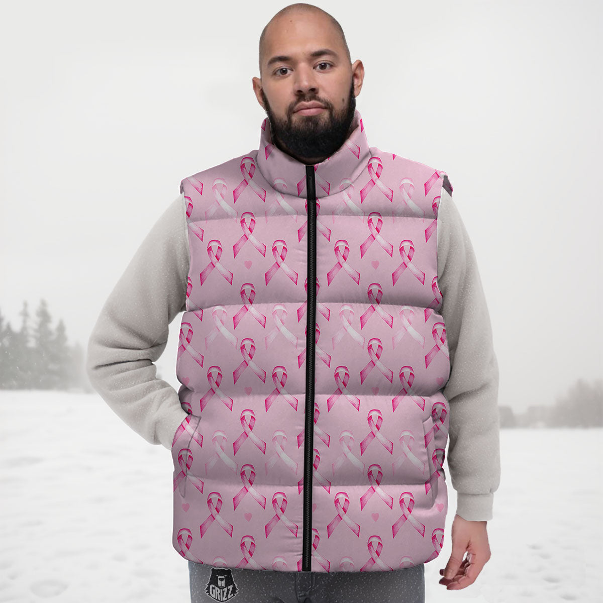Breast Cancer Awareness Print Pattern Down Vest