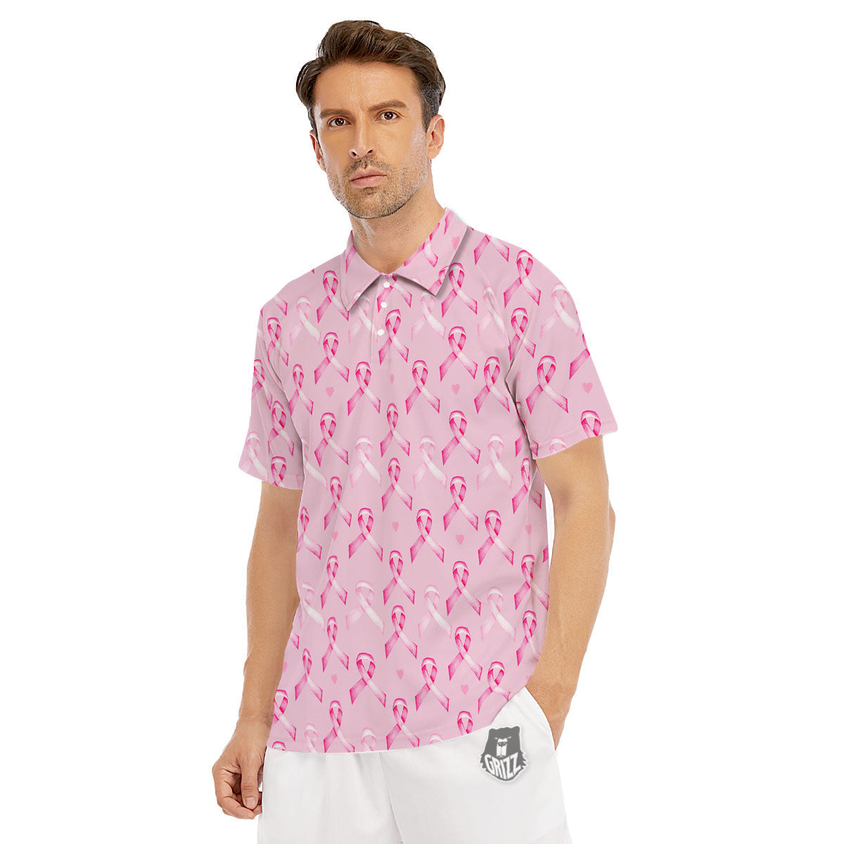 Breast Cancer Awareness Print Pattern Men's Golf Shirts-grizzshop