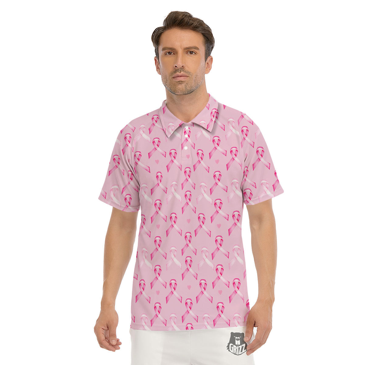 Breast Cancer Awareness Print Pattern Men's Golf Shirts-grizzshop