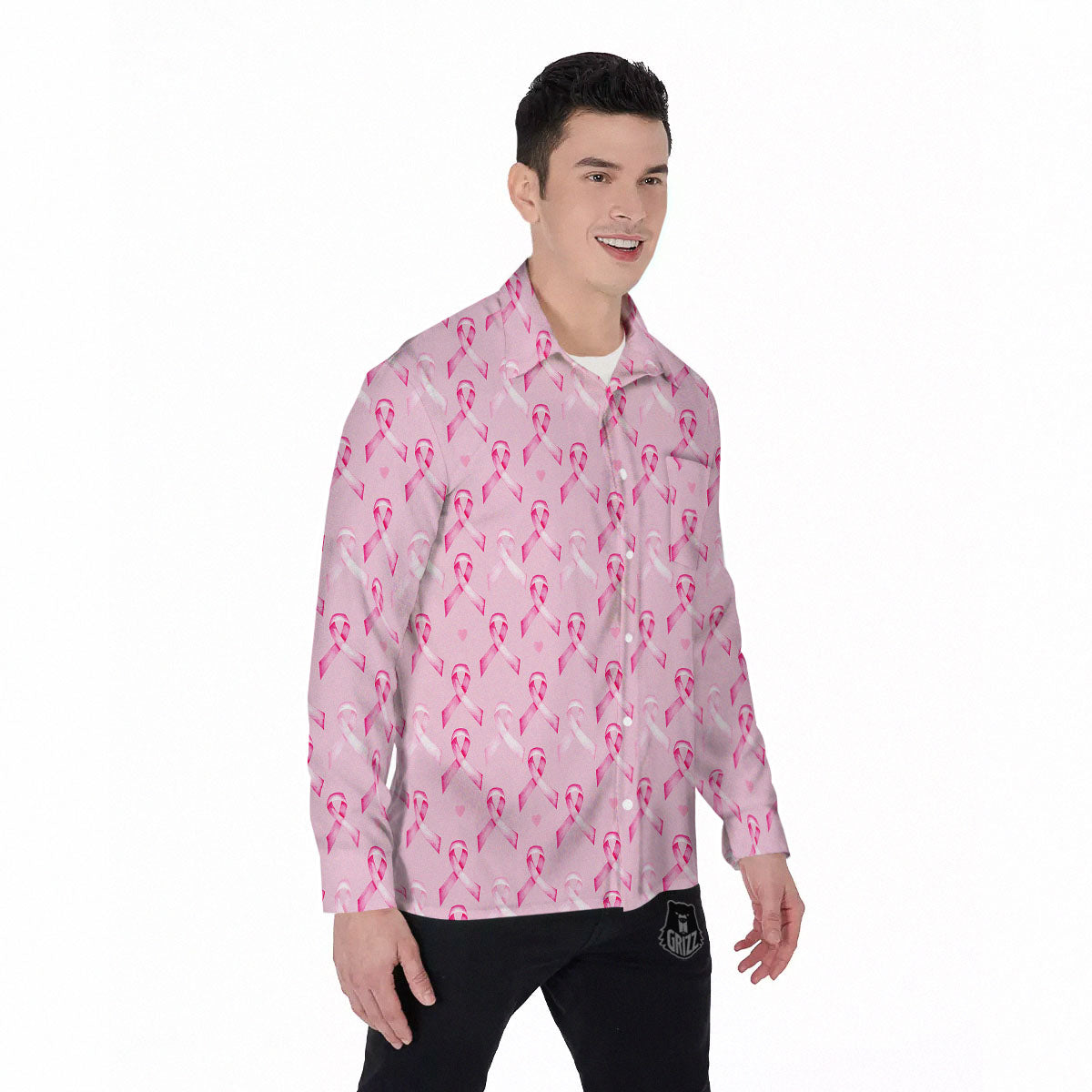 Breast Cancer Awareness Print Pattern Men's Long Sleeve Shirts-grizzshop
