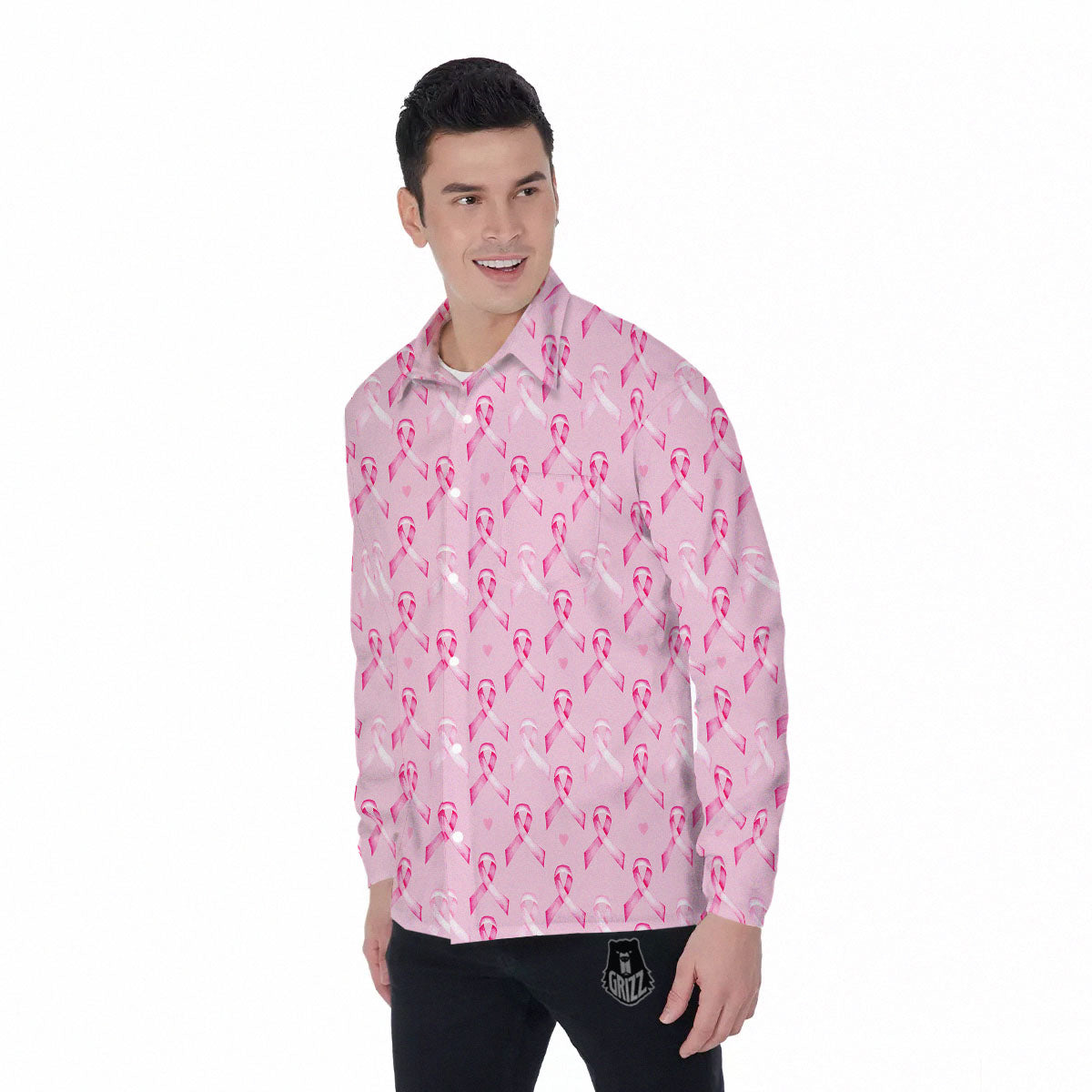 Breast Cancer Awareness Print Pattern Men's Long Sleeve Shirts-grizzshop