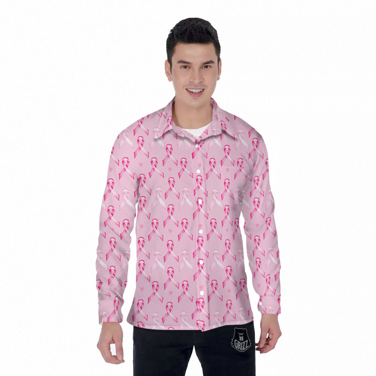 Breast Cancer Awareness Print Pattern Men's Long Sleeve Shirts-grizzshop
