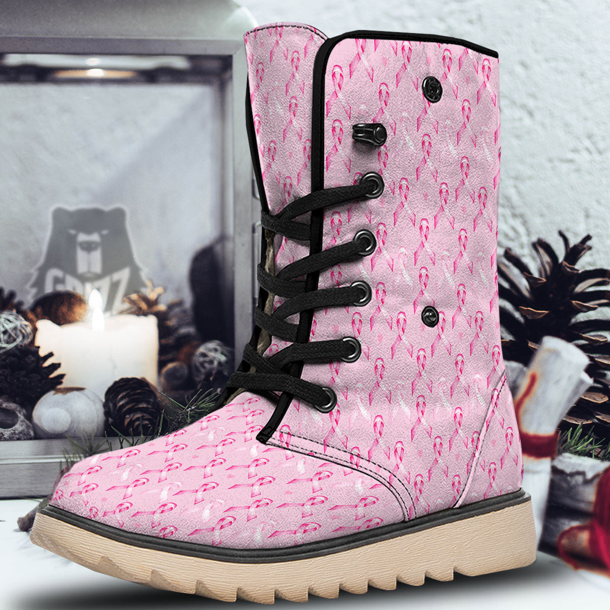 Breast Cancer Awareness Print Pattern Snow Boots-grizzshop