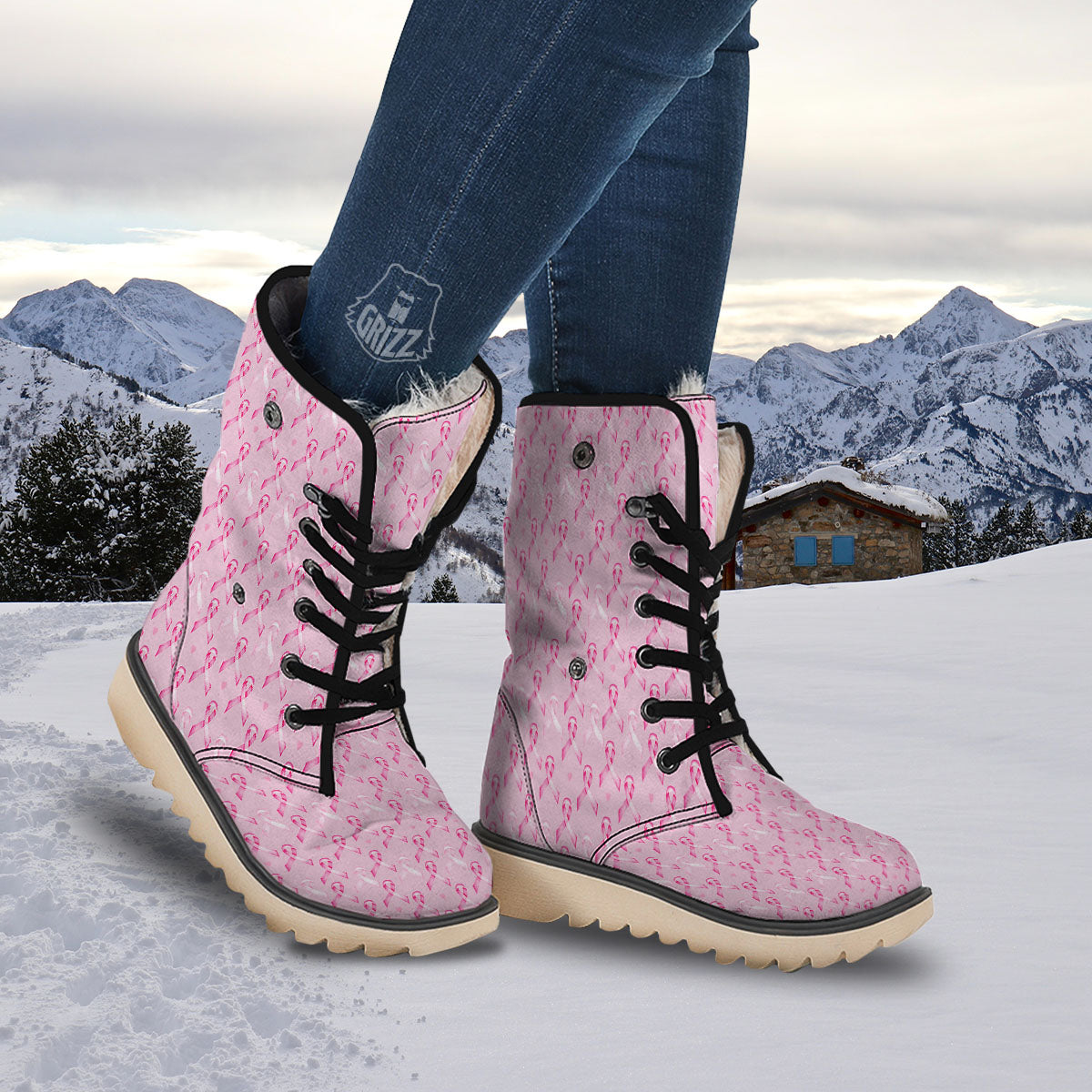 Breast Cancer Awareness Print Pattern Snow Boots-grizzshop