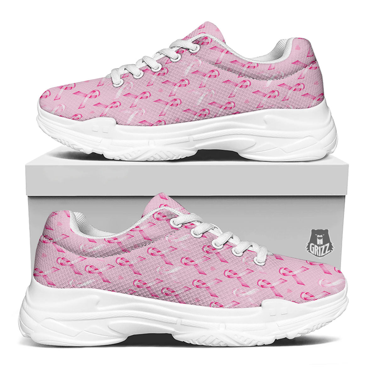 Breast Cancer Awareness Print Pattern White Chunky Shoes-grizzshop