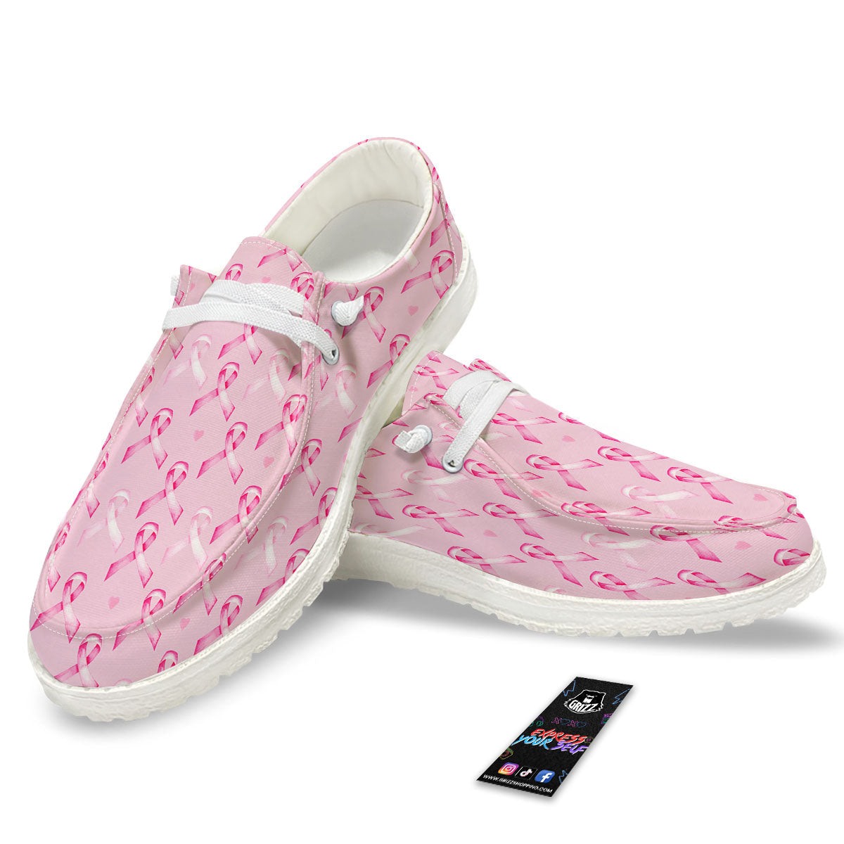 Breast Cancer Awareness Print Pattern White Loafers-grizzshop