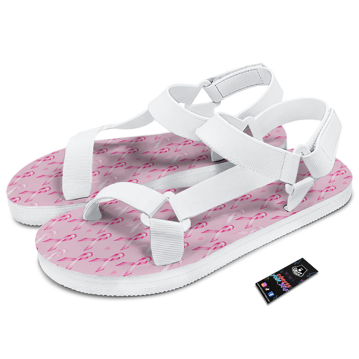 Breast Cancer Awareness Print Pattern White Open Toe Sandals-grizzshop