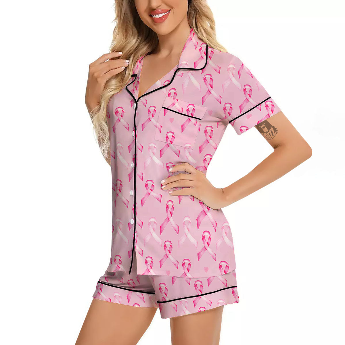 Breast Cancer Awareness Print Pattern Women Silk Pajamas-grizzshop