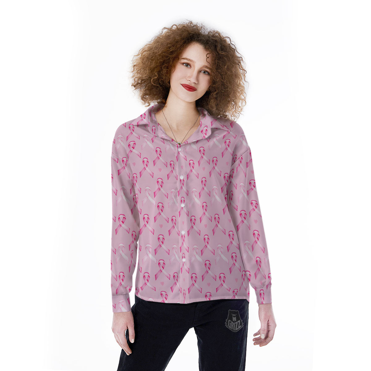 Breast Cancer Awareness Print Pattern Women's Long Sleeve Shirts-grizzshop