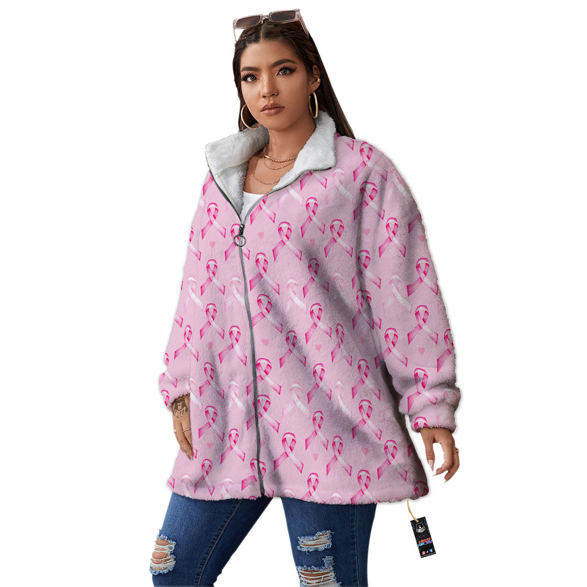 Breast Cancer Awareness Print Pattern Women's Sherpa Jacket-grizzshop
