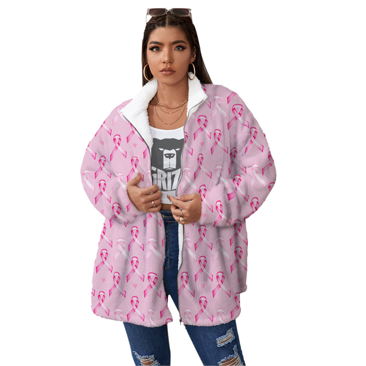 Breast Cancer Awareness Print Pattern Women's Sherpa Jacket-grizzshop