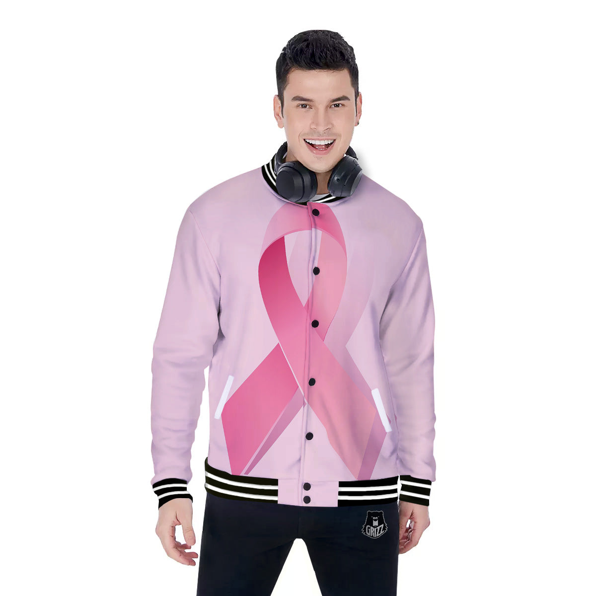 Breast Cancer Awareness Ribbon Print Baseball Jacket-grizzshop