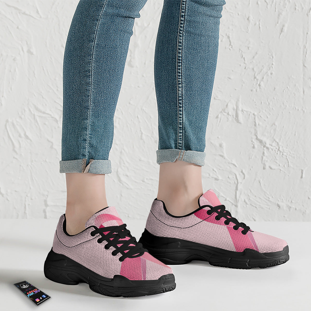Breast Cancer Awareness Ribbon Print Black Chunky Shoes-grizzshop
