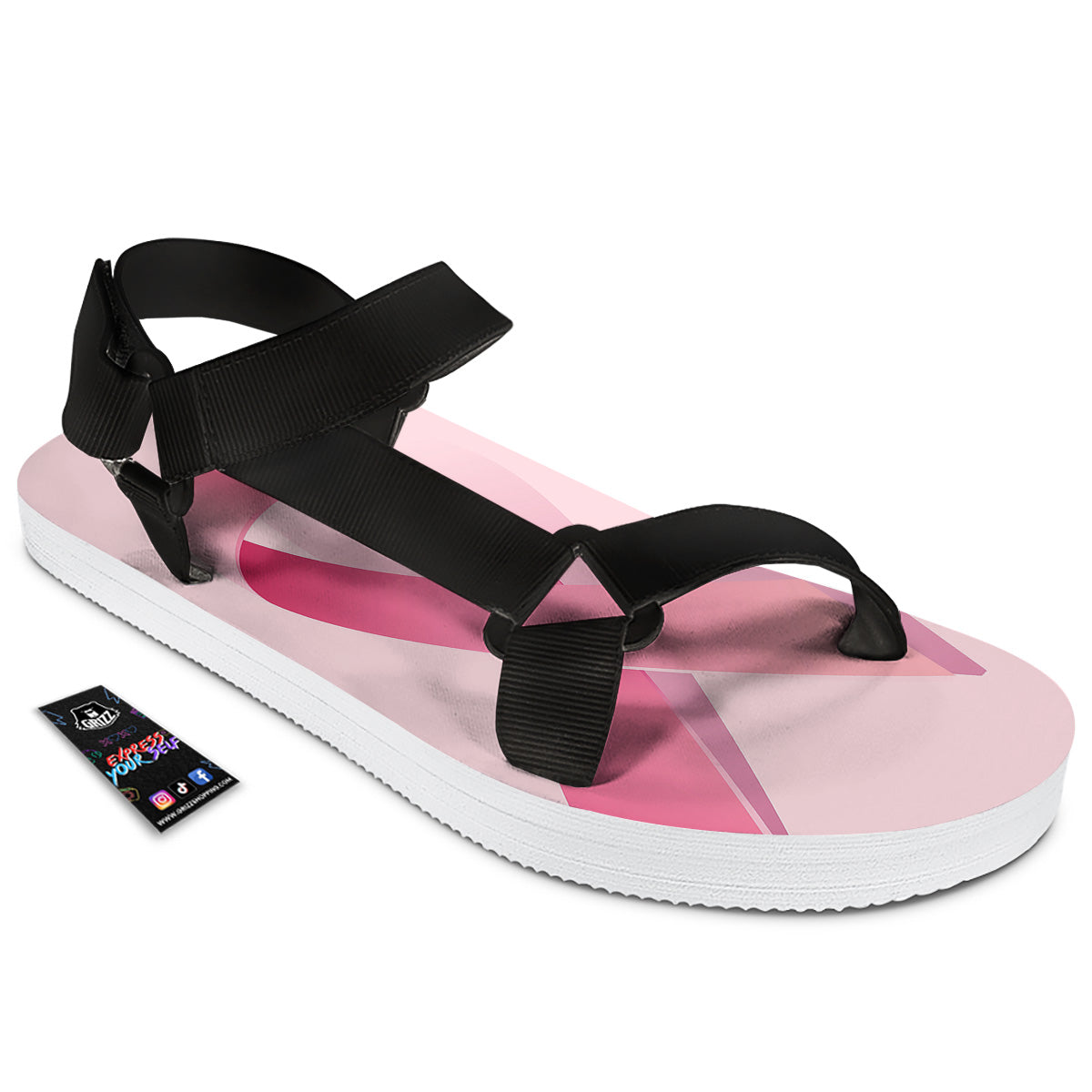 Breast Cancer Awareness Ribbon Print Black Open Toe Sandals-grizzshop