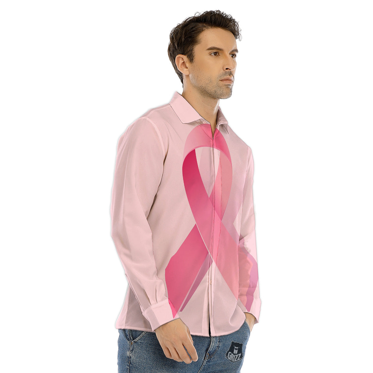Breast Cancer Awareness Ribbon Print Men's Dress Shirts-grizzshop