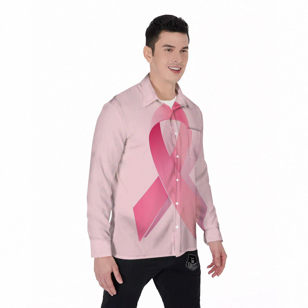 Breast Cancer Awareness Ribbon Print Men's Long Sleeve Shirts-grizzshop