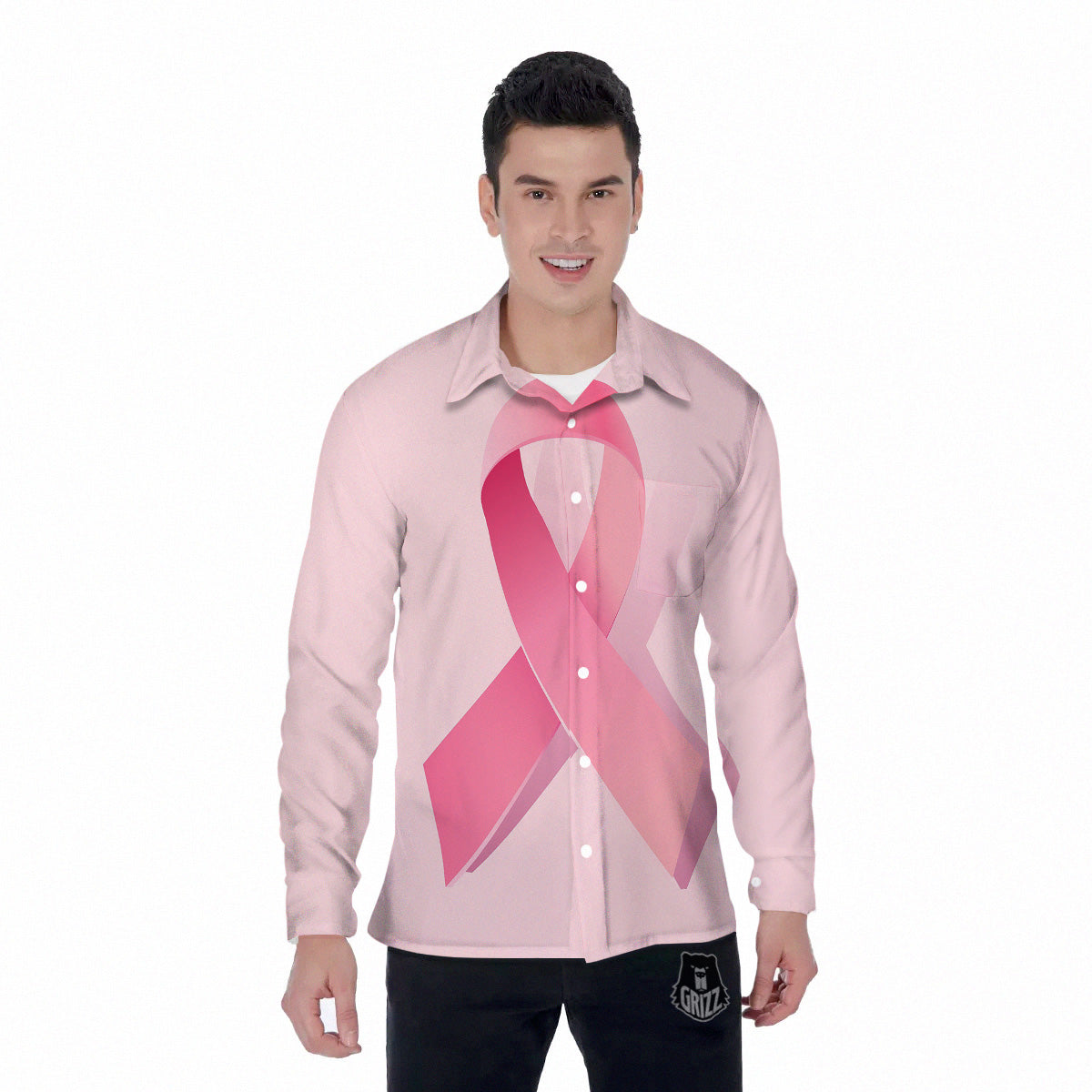 Breast Cancer Awareness Ribbon Print Men's Long Sleeve Shirts-grizzshop