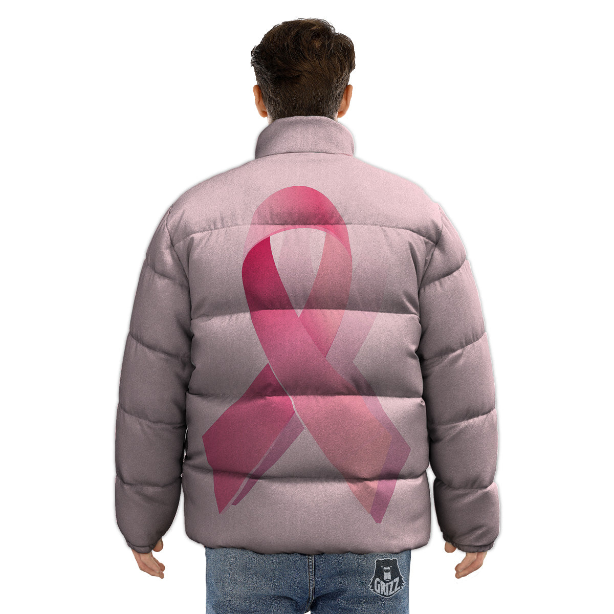 Breast Cancer Awareness Ribbon Print Puffer Jacket-grizzshop
